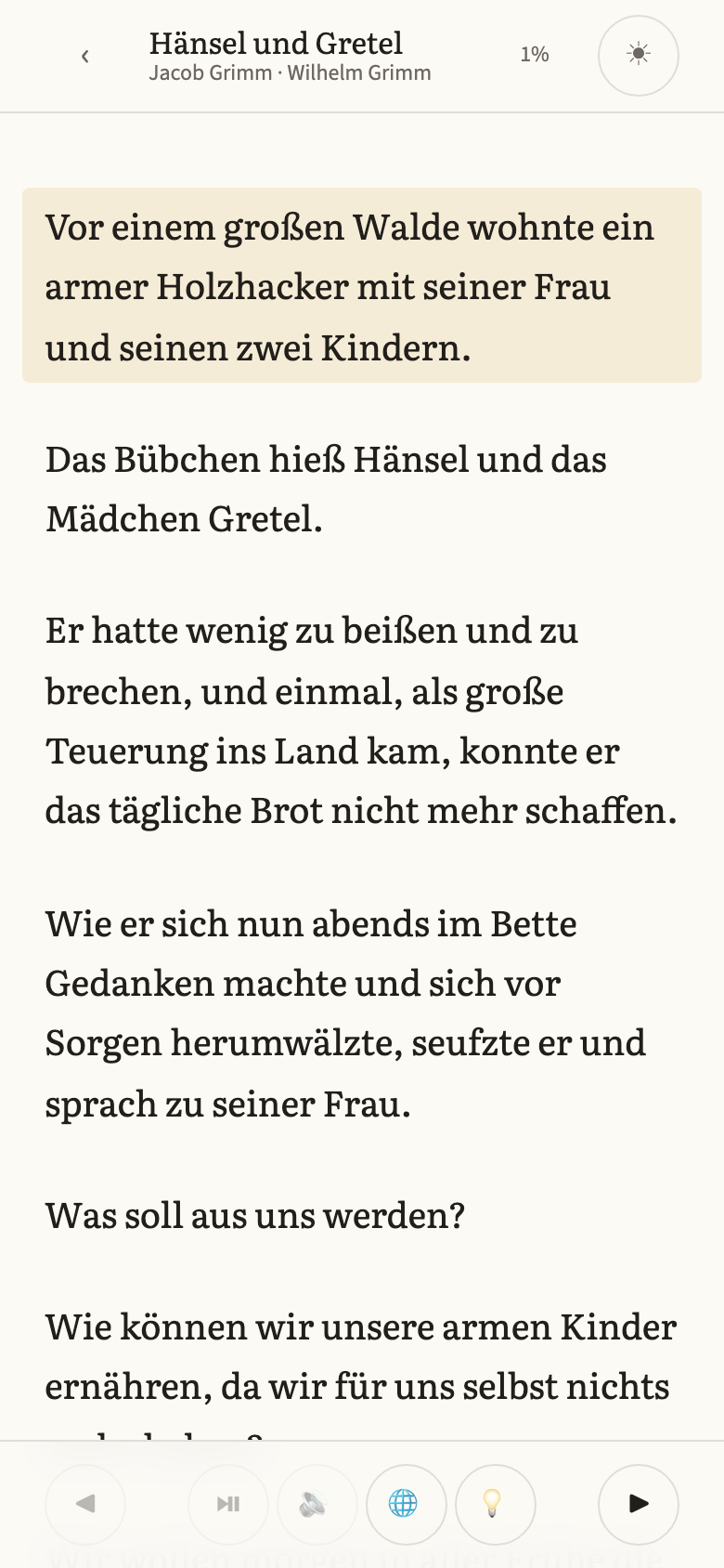 The reader: a page of German with one sentence highlighted