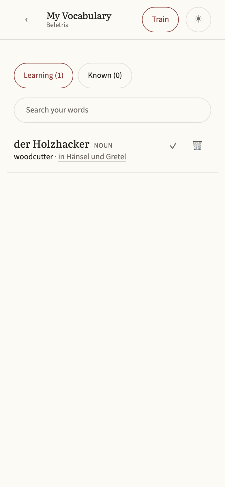 The vocabulary page listing saved words with their context